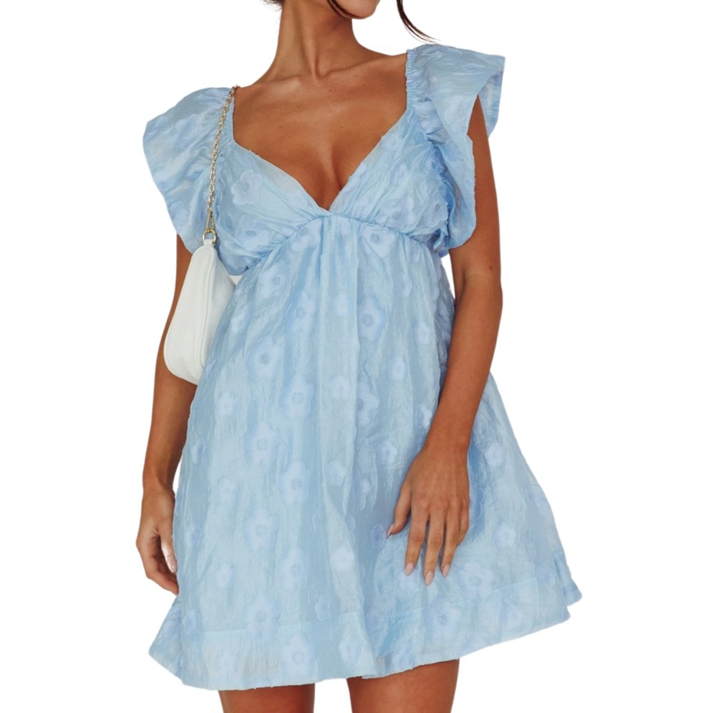 FLORAL BACKLESS FRILL DRESS POWDER BLUE